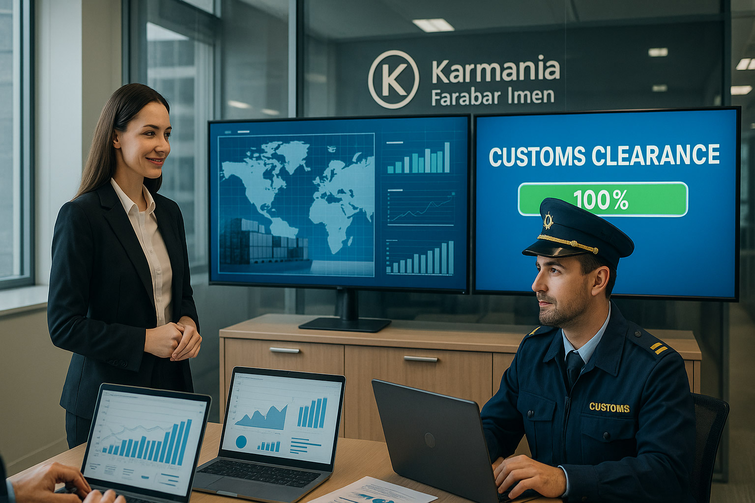 A symbolic representation of international trade and customs services: A large cargo ship, a freight train, and a cargo truck converge toward a modern customs checkpoint at a border crossing. In the foreground, an open customs document with stamps and signatures lies on a clipboard. Behind it, a customs officer shakes hands with a logistics manager, symbolizing partnership and trust. Flags of multiple countries (like Iran and EU) wave in the background. Daylight scene, realistic and professional style, with dynamic perspective and clear focus on the customs role.

